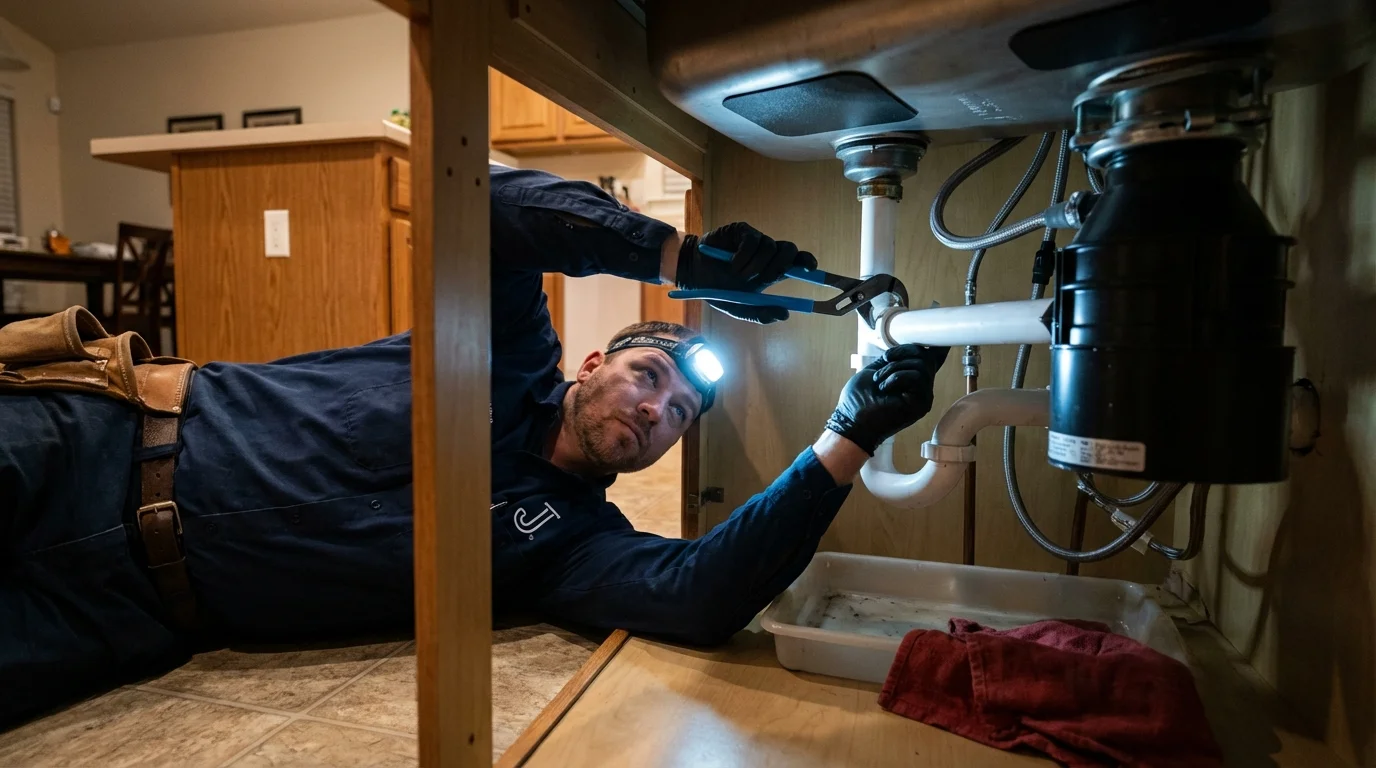 P-trap and supply line connections under a kitchen sink showing a common leak point in Hayden, AL